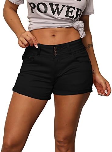 Uoohal Women Casual Stretchy Denim Shorts High Waisted Folded Hem Jean Shorts