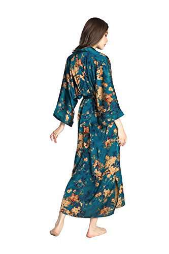 Old Shanghai Women's Kimono Robe Long - Watercolor Floral, Tamiko- Teal