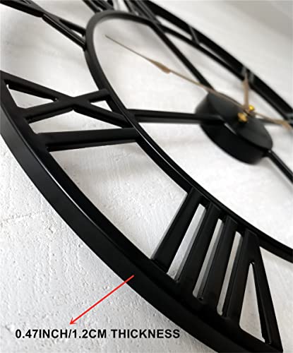 Qukueoy 16 Inch Large Metal Wall Clock Home Decorative Industrial Clocks with Big Roman Numerals,Retro Oversized Clock for Living Room Decor,Battery Operated(Black-Roman)