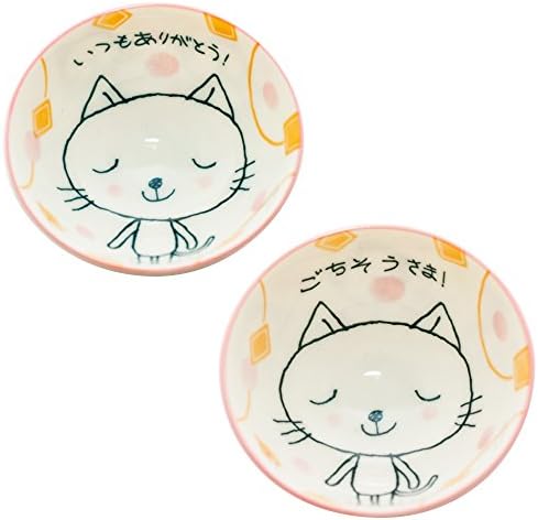 Japanese rice bowl set, porcelain, cute cat design, set of 2 bowls