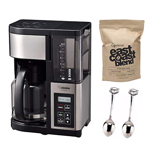 Zojirushi EC-YGC120 Fresh Brew Plus 12-Cup Coffee Maker, Stainless Black Includes Capresso East Coast Blend Whole Bean Coffee and Set of Two Demi Spoons
