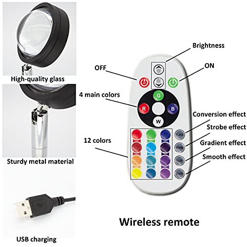 Sunset Projection Lamp - 16 Colors Night-Light Rainbow Sunset Projector Lamp - 180 Degree Romantic Visual USB Sunset Lights - Sunset Projector Floor Lamp with Remote Control for Party Bedroom Decor