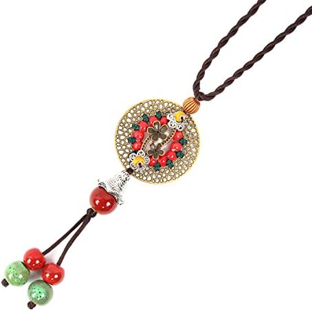 Ivysan Fashion Bohemian Fancy Ceramic Beads Tibetan Sliver Pendant Necklace,Red