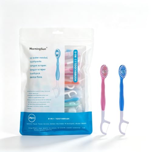 Travel Toothbrush with Mint Toothpaste, 5 in 1 Portable with Toothpaste Floss, Pick, Tongue Scraper Individually Wrapped, Travel Set (Mix, 26 Pcs)