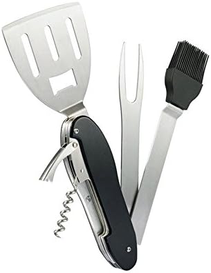 OATONE 5-in-1 BBQ Grilling Tool, Portable Folding BBQ Tool, Stainless Steel Grill Utensils Kit Suitable for Baking, Barbecue (Spatula Fork + Silicone brush + Corkscrew + Wine Lever+ Opener)