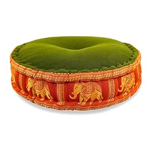 livasia Colourful Zafu Meditation Cushion for Yoga filled with 100% organic Kapok Seat Thai Silk (green orange elephant)