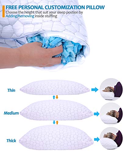 2-Pack Cooling Bed Pillows for Sleeping - Adjustable Gel Shredded Memory Foam Pillow - Hypoallergenic Bamboo Pillows for Side Back Sleepers + Washable Removable Cover Queen Size - Thumbnail 5