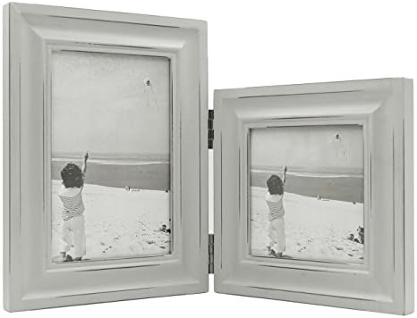 Double Folding 4x6&amp;4x4 Gray Wood Picture Frame with Glass Front - American Class Style Antiquated - Stands on Desktop or Table Top