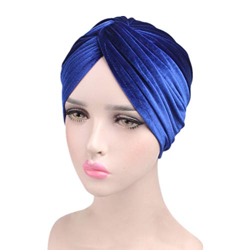 Fxhixiy Women's Stretch Velvet Twist Pleasted Hair Wrap Turban Hat Cancer Chemo Beanie Cap Headwear (Blue)