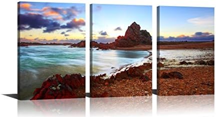 YPY Rocky Wall Art Seascape Coastal Beach Stone Print on Canvas Oil Painting Home Decoration for Living Room 3 Panels 16x24in