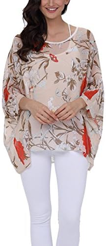 iNewbetter Womens Floral Print Batwing Sleeve Boho Blouse Chiffon Poncho Summer Tunic Tops