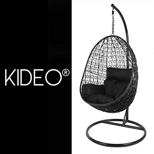Kideo® Komplettset: schwarzer Hängesessel mit Gestell & Kissen, Poly-Rattan, komplett schwarzes Set (Kissen: schwarz) – Bild 5