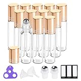 Essential Oil Roller Bottles 10ml (Clear Glass Bottle with Gold Cap, 12 Pack, 2 Extra Stainless Steel Balls, 24 Labels, Opener, Funnels by PrettyCare) Roller Balls for Oils, Roller on Bottles