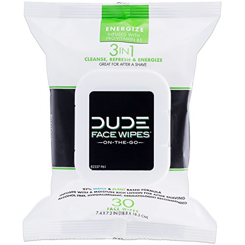 DUDE Face Wipes 30 Count Energizing & Refreshing Scent Infused with Pro Vitamin B-5, Face Cleansing Cloths for Men, Lightly Scented for Mid-Day Refreshment, Hypoallergenic, Alcohol Free