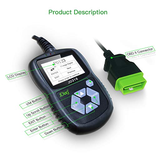 JDIAG JD316 Enhanced Mode 6 OBD2 Scanner Engine Fault Code Reader Diagnostic Scan Tool for Smog Check with Battery Condition Test (Black) - Thumbnail 2