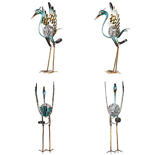 Kircust Garden Crane Standing Yard Art Ornaments Statue, Outdoor Metal&Glass Heron Bird Sculpture Waterproof Solar Powered LED Lights for Backyard Lawn Patio Walkway and Home Decor, Blue&Gold, 26-Inch