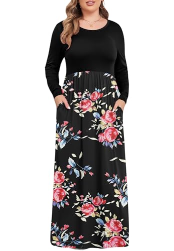 KARALIN Women's Plus Size Maxi Dresses for Curvy Women Long Sleeve Casual Dress Black Rose Black 18W at Amazon