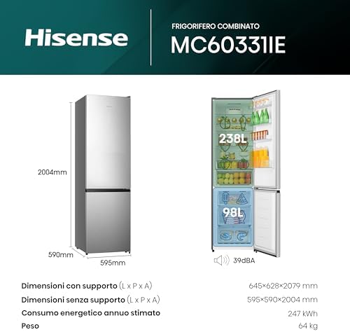 MC60331IE Frigorifero Combinato, Libera installazione, Total No frost, Ventilazione MultiFlow, Doppia porta reversibile, Inox, Altezza 200 cm, Cap. 336 litri, Controllo Touch, Classe E