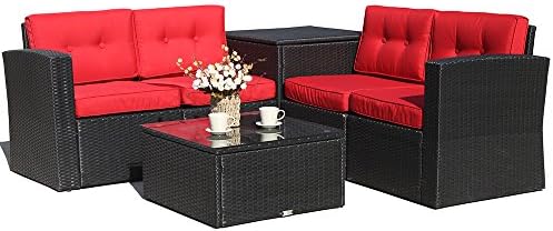 ATIOROMA Outdoor Furniture Sectional Sofa Set (6-Piece Set) All-Weather Black Wicker with Red Seat Cushions &amp;Glass Coffee Table&amp;Storage Table| Patio, Backyard, Pool|Aluminum Frame