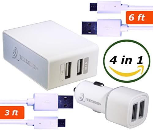 TekSonic 4 in 1 Charging Kit Bundle with Dual Port 2.1A Wall Charger, Fast Dual Car Charger, Extra long 6ft Charge and Sync Micro USB cable and 3ft Micro-USB cord for Samsung, LG, HTC, Sony, Moto