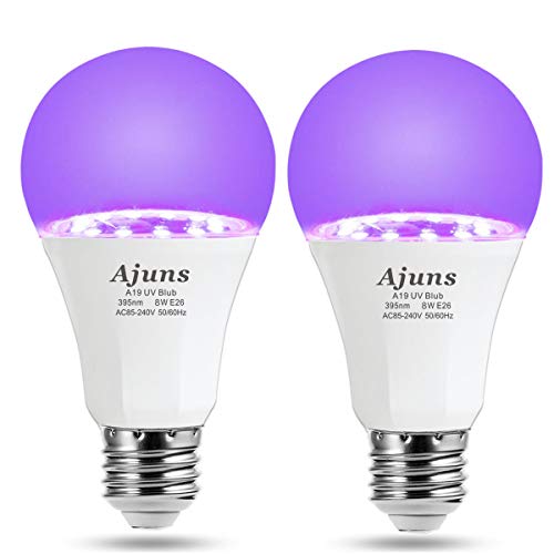 UV LED Black Light Bulb,A19 UV Bulb 8W Purple 60W Equivalent UVA Grade 395nm E26 Medium Base for Luminous Party Body Painting Decoration Special Effects Such as Fluorescent Poster 2 Pack