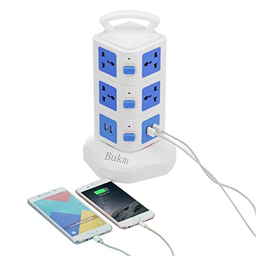 Bukm 10-Outlet Surge Protector Power Strip (110-250V Worldwide Voltage) 4-Port Universal USB Family Charging Station w/ Surge & Overload Protection for iPhone, iPad, Android Devices, Samsung, and More