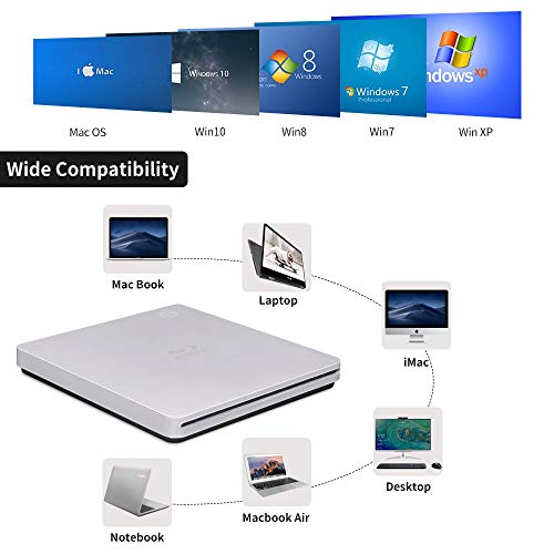 External Blu Ray DVD Drive Player, USB 3.0 and Type-C Blu-Ray 3D BD Drive Slot-in Ultra-Slim Optical CD DVD Burner Compatible with Windows XP/7/8/10, MacOS, Linux for MacBook, Laptop, Desktop
