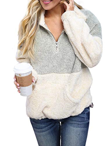 MEROKEETY Women's Long Sleeve Contrast Color Zipper Sherpa Pile Pullover Tops Fleece with Pocket Light Grey