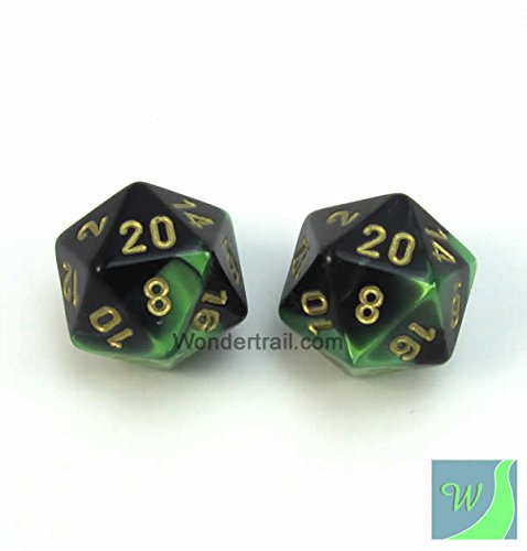 WCXPG2039E2 Black and Green Gemini Dice with Gold Numbers D20 Aprox 16mm (5/8in) Pack of 2 Dice Chessex
