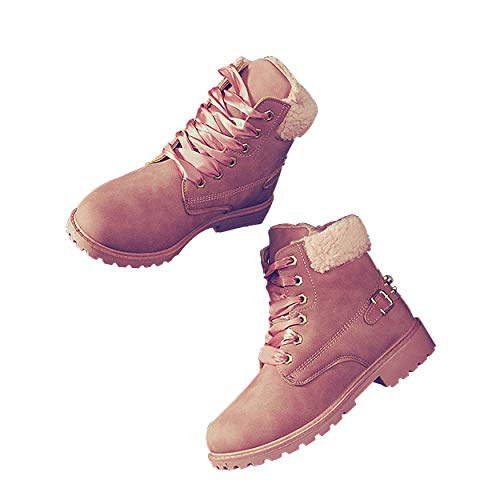 Susanny Women's Warm Snow Boots Ankle Lace up Short Combat Boot Slip on Winter Low Heel Fur Booties Pink - Thumbnail 2