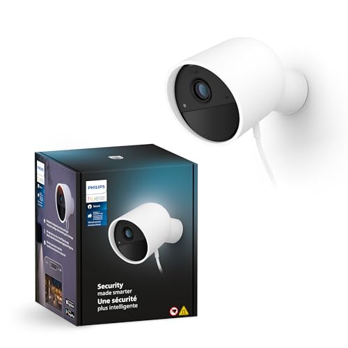 Philips Hue Secure kabelgebundene Smart Home Überwachungskamera mit Standfuß, Full HD Video, für drinnen oder draußen, Smart Home Security und Lichtsteuerung per App, weiß, 1er Pack