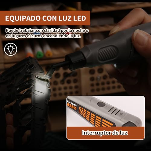 Bucasso Cordless Pen Sander, Variable Speed, USB Charging and LED Light, Multi-purpose Electric Tool for Sanding, Polishing, Finishing and Crafting (GREY)