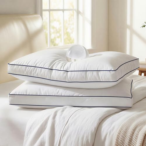 zibroges Down Pillows Queen Size Set of 2, Luxury Hotel Collection Gusseted Bed Pillow for Sleeping, Soft and Fluffy Support, Cotton Cover, Breathable, for Side, Back and Stomach Sleepers