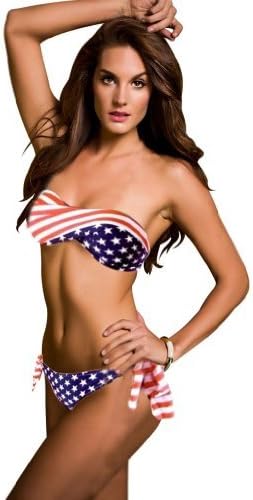 Locomo Sexy Twisted Tube Padded Bikini American Flag US Stars Stripes Side Tie Bottom Swimwear Swimsuit Blue Red White Large FFS017L