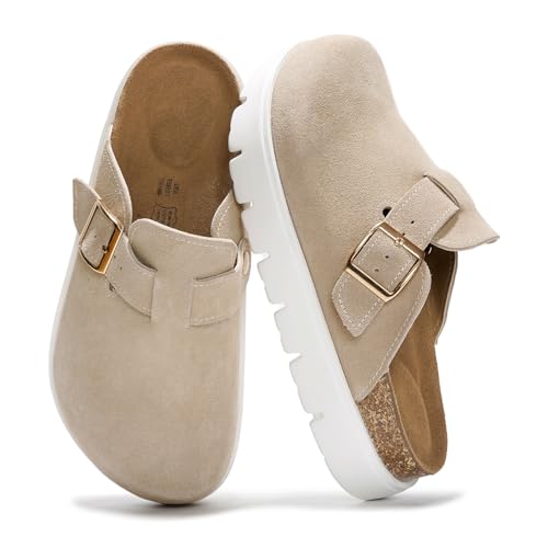 Project Cloud Genuine Leather Platform Clogs for Women Footwear - Memory Foam Arch Support Cork Footbed Casual Shoes & Mules for Women 2025 (Benton Chunky)