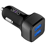 Dual Port Car Charger, Akiko 4.8A/22W 2-Port USB Smart Power Car Charger Portable Power Adapter w/ Rapid Fast Technology Charging - Retail Packaging - Black/Grey