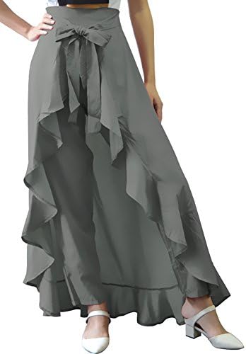HARDKING Women's Fashion Style Chiffon Tie-Waist Ruffle Palazzo Skirt Pants
