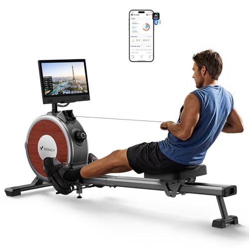 MERACH Rameur Magnétique Avec Écran 15,6 Pouces, Rameur Pour la Maison, Connexion Bluetooth, Double Rail Renforcé, Silencieux, Charge Max. 158 kg