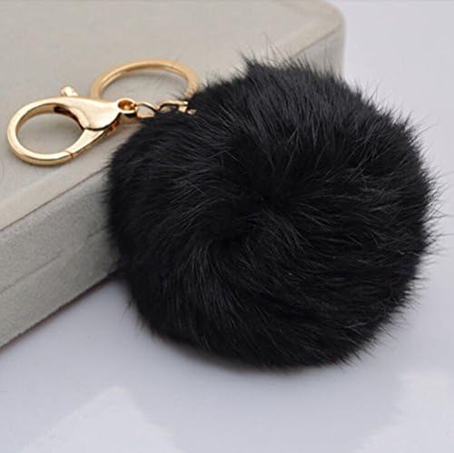 Capital Rabbit Fur Ball Pom Pom Key Chain Gold Plated Keychain with Plush for Car Key Ring or Handbag Bag Decoration US Seller !! (Black)
