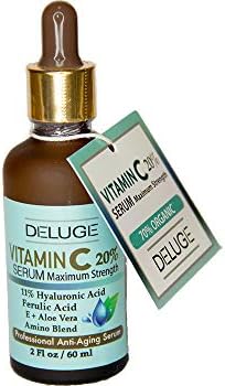 DELUGE - BEST Vitamin C Serum for face with 20% Vitamin C, (NET WEIGHT 2 OZ). 11% Botanical Hyaluronic Acid, Ferulic Acid, E + Aloe Vera. Professional Anti-Aging Serum. Brightens Age Spots & Discoloration.