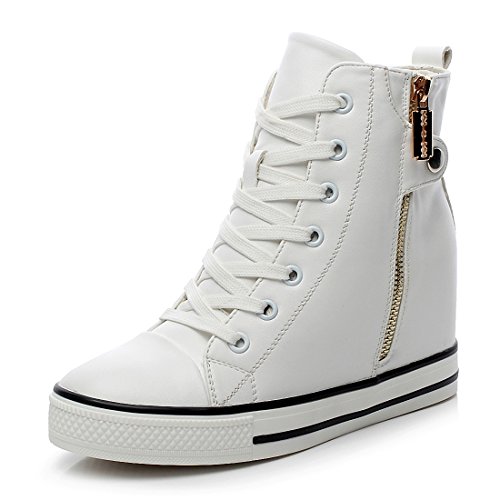 mewow Womens Casual High Top Wedge Hidden Heel Leather Shoes Fashion Sport Sneaker (7, White)