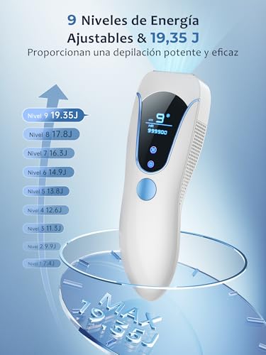 IPL Laser Epilator with Cooling Function, 19.35 J Pulsed Light Epilator with 9 Energy Level, 2 Modes, 999,900 Pulsed Light for Women and Men, Legs, Bikini, Armpits, Face, Blue Body