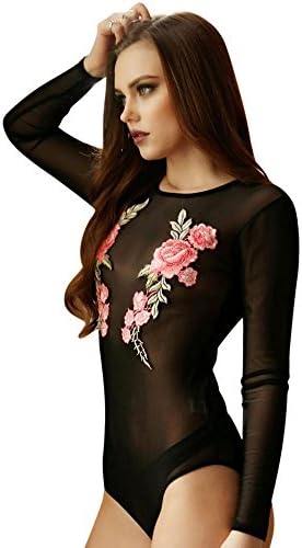 Yuelove Women Jumpsuit Long Sleeve Romper Embroidered Floral Sheer Mesh Erotic Bodysuit Leotard Transparent Slim Pajamas G-String Lingerie Babydoll Underwear Sexy Streetwear