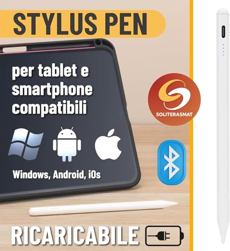 Penna Tablet Universale Ricaricabile USB-C – Pennino Touch per iPad, Tablet Android e Windows, Stylus Capacitivo per Scrittura, Disegno e Appunti, Design Ergonomico e Preciso