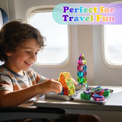 Euakee Magnetic Tiles, Travel Magnetic Building Blocks Set, Mini Magnetic Tiles, Building Toys with Iron Box for Boys and Girls, Montessori Toy (A)