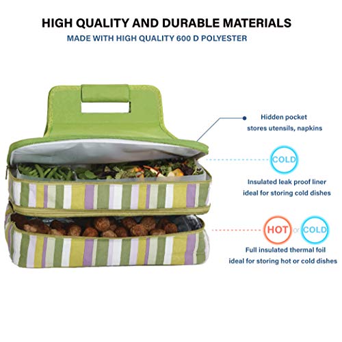 Picnic Plus 18" Casserole Carrier 2 Level Thermal Insulated Hot and Cold Food Carrier Double Layer Food Carrier Bag Potluck Carrier With Bonus Containers (Lime Rickey)