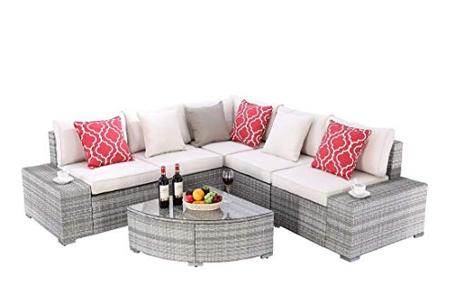 Do4U 6 Pieces Outdoor Patio Furniture Sectional Conversation Set, All-Weather Wicker Rattan Sofa Beige Seat & Back Cushions (3506-PGRY-BEG)