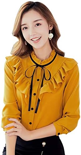 MIOIM Women's Solid Elegant Office Shirts Bow Tie V Neck Long Sleeve Layered Chiffon Blouse