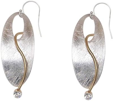 Takobia Women's Scratched Silver Plated Oval Pendant &amp; Gold Flashed Accent - with Crystal - .925 Sterling Silver French Wire Earrings
