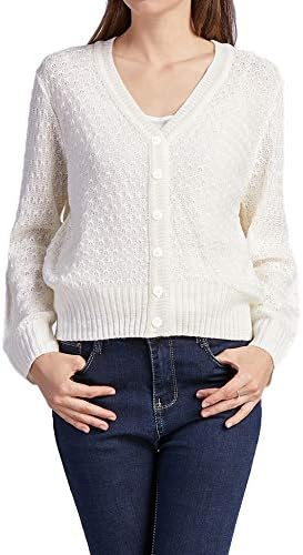 Women Button Down 3/4 Sleeve Knit Cropped Cardigans Crochet Sweater V Neck Ladies Short Bolero Cardigan (S-XXL)